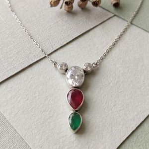 Sterling Silver Ruby Emerald Zircon Pendant Necklace | Vertical Three-Stone Teardrop Gemstone Jewelry