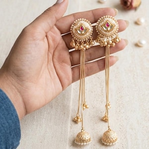 Kashmiri Kundan Long Dangle Earrings, Ruby Red Stone, Ghungroo Jhumka