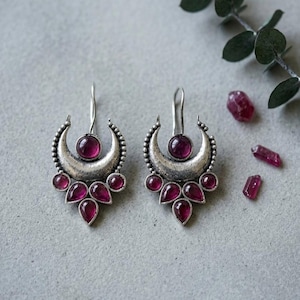 Oxidized Silver Chandbali Earrings – Ruby Stones, Celestial Crescent Design, Boho Fusion Jewelry