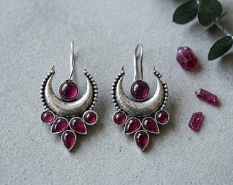 Oxidized Silver Chandbali Earrings – Ruby Stones, Celestial Crescent Design, Boho Fusion Jewelry
