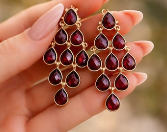 Red Garnet Chandelier Earrings: Sterling Silver Gemstone Dangles