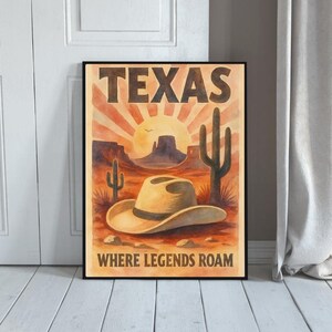 Texas Western Wand Kunst zum ausdrucken – Cowboy Wüste Sonnenuntergang Poster – Vintage Kaktus Landschaft Dekor – Digital Download Rustikale Landhaus Kunst