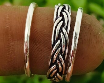Braided Sterling Silver Stacking Ring Set,: Boho Minimalist Bands