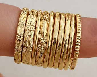 20K Gold Stacking Rings • Set of 10 Thin Textured Bands