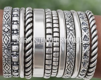 Juego de anillos apilables de plata de ley: 12 bandas con texturas mixtas