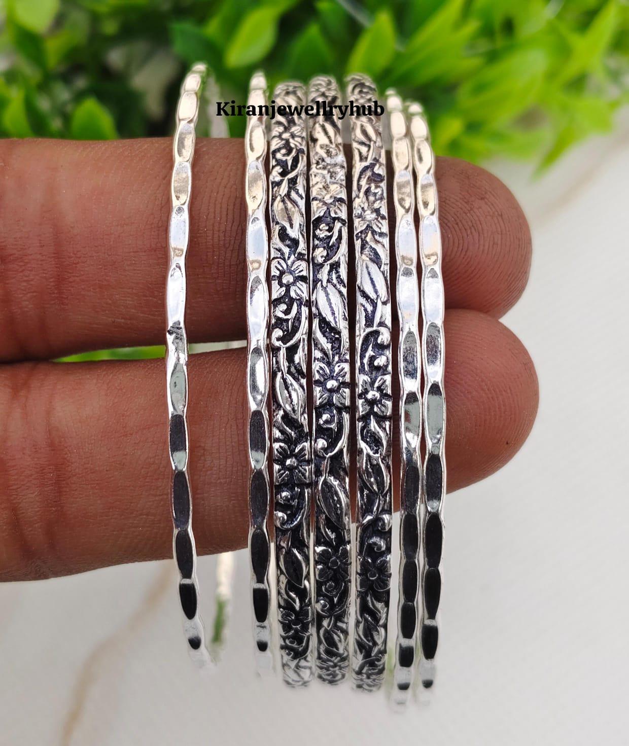 925 Silver Floral Bangle Set of 7: Ethnic Textured Boho Bangles - Etsy