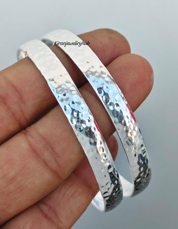 Hammered Sterling Silver Bangle Set: Textured Wide Bangles, Set of