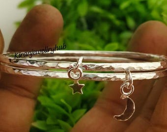 Sterling Silver Hammered Bangles with Moon & Star Charms – Celestial Stacking Bangle Set – Gift for Her – Handmade by Kiranjewellryhub