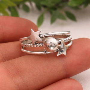 Sterling Silver Star Bead Ring, Minimalist Celestial Stackable Boho Jewelry