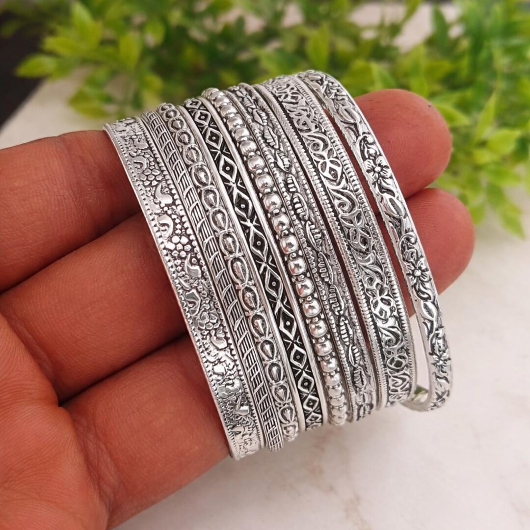 925 Sterling Silver Bangle Set | 8 Piece Stackable Boho Minimalist