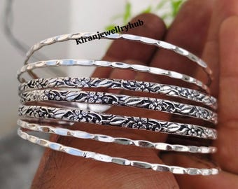925 Silver Floral Bangle Set of 7: Ethnic Textured Boho Bangles - Etsy