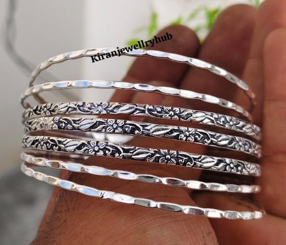 925 Silver Floral Bangle Set of 7: Ethnic Textured Boho Bangles - Etsy