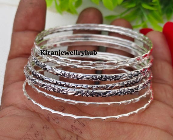 925 Silver Floral Bangle Set of 7: Ethnic Textured Boho Bangles - Etsy