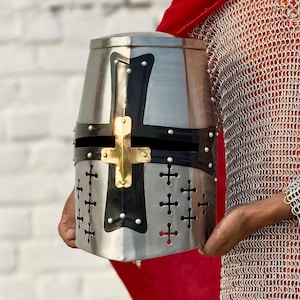 Knight Templar Crusader Helmet – Medieval Great Helm, Larp And Cosplay Helmet - Handmade Steel & Brass - Best Gift For Him