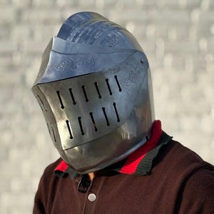 Medieval Knight Closed Face Helmet – Steel Visor Helmet with Etched Design, LARP, Cosplay, Renaissance Fair Armor
