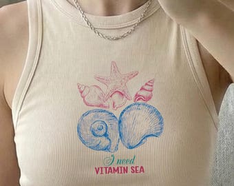 Summer Cropped Racer Tank, I need Vitamin Sea Crop Tee, Funny Summer Crop Tee, Beach Tee, Coastal Vibes Shirt,Girls Summer Racer Crop Top