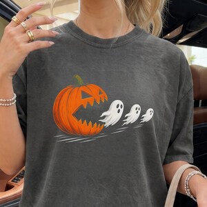 Comfort Colors® Halloween Pumpkin Eat Ghost Shirt, Funny Halloween Shirt, Halloween Gamer Gift, Halloween Party Tee, Pumpkin Pac Man Shirt