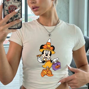 Disney Halloween Minnie Mouse Baby Tee, Halloween Disney Crop Top, Minnie Pumpkin Shirt, Spooky Minnie Tee, Witch Minnie Cute Halloween Tee