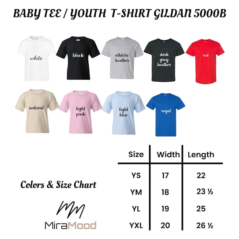 May include: A range of Gildan 5000B baby and youth t-shirts in colours such as white, black, and red. The image includes a size chart with measurements in inches for youth sizes YS, YM, YL, and YXL. The text "Colors & Size Chart" is also visible.