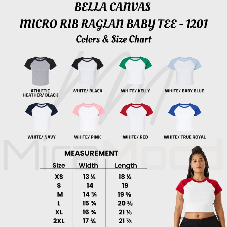 May include: A product image showcasing a Bella Canvas Micro Rib Raglan Baby Tee - 1201. The image displays various color combinations, including white with black, navy, pink, and red sleeves. A size chart is also included, with measurements in inches.