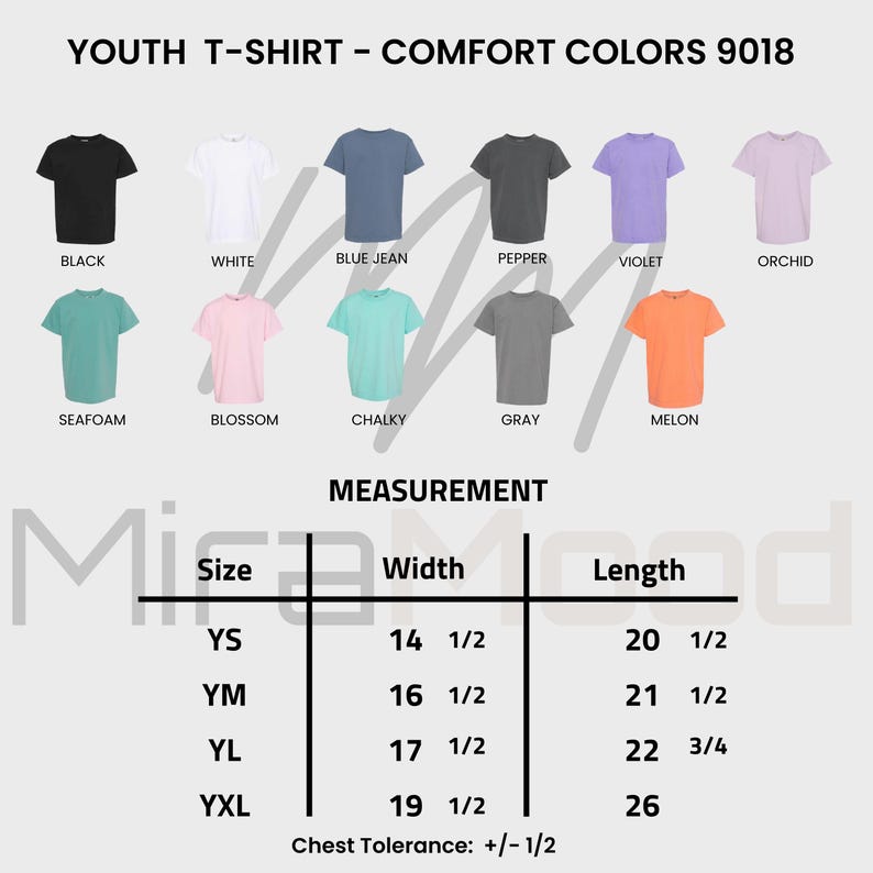 Puede incluir: Exhibici&oacute;n de camisetas juveniles en varios colores, incluyendo negro, blanco, azul vaquero, pimienta, violeta, orqu&iacute;dea, espuma de mar, flor, calc&aacute;reo, gris y mel&oacute;n. Se proporcionan medidas para las tallas YS, YM, YL y YXL, con anchos de 36,8 a 49,5 cm.