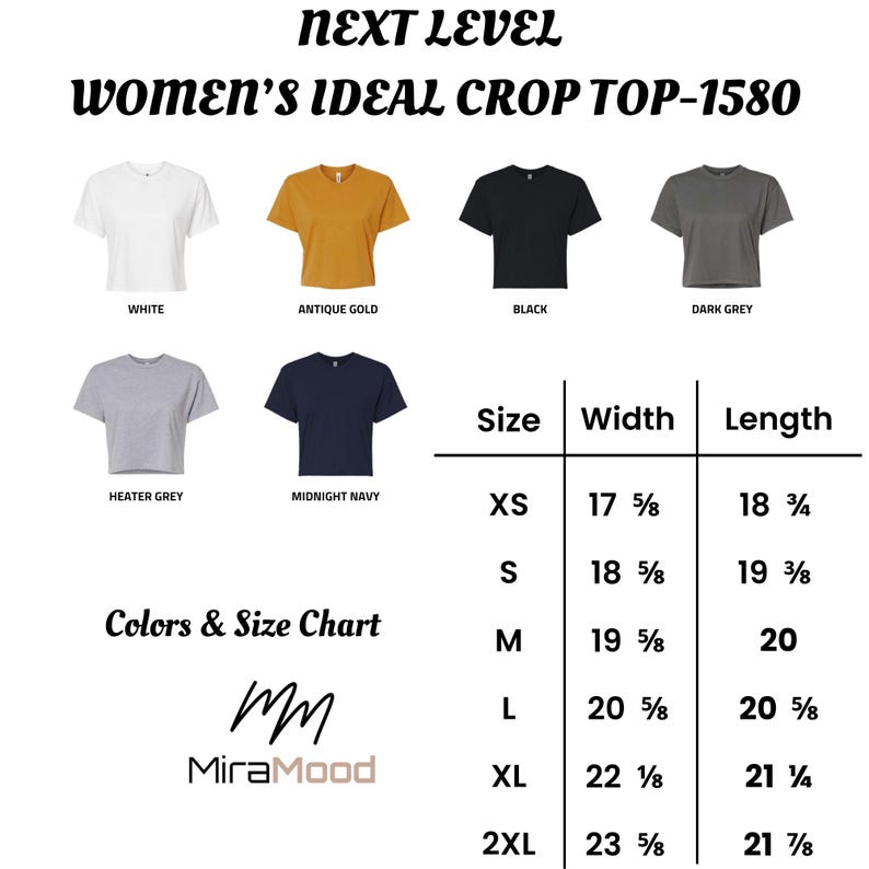 May include: A product image showcasing a variety of crop tops in different colors: white, antique gold, black, dark grey, heather grey, and midnight navy. A size chart is included, with measurements in inches. The text "NEXT LEVEL WOMEN'S IDEAL CROP TOP-1580" is displayed.