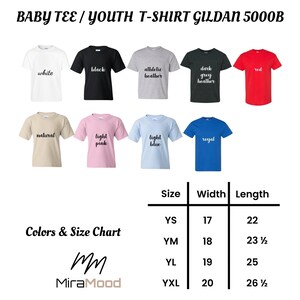 May include: A selection of youth t-shirts in various colors, including white, black, and red. The image displays a size chart with measurements in inches. The text on the image reads "BABY TEE / YOUTH T-SHIRT GILDAN 5000B."
