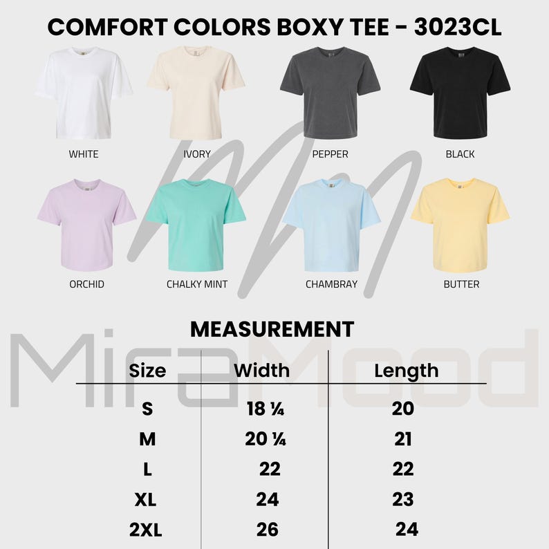 May include: A display of Comfort Colors Boxy Tee shirts in various colors, including white, ivory, pepper, and black. The image also shows shirts in orchid, chalky mint, chambray, and butter. Measurements are provided for sizes S through 2XL, with widths ranging from 18 1/4 to 26 inches.
