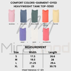 Puede incluir: Una exhibici&oacute;n de camisetas sin mangas pesadas en varios colores, como rosa, azul y verde. La imagen incluye el texto "COMFORT COLORS-GARMENT-DYED HEAVYWEIGHT TANK TOP-9360" y una tabla de tallas con medidas en cm.