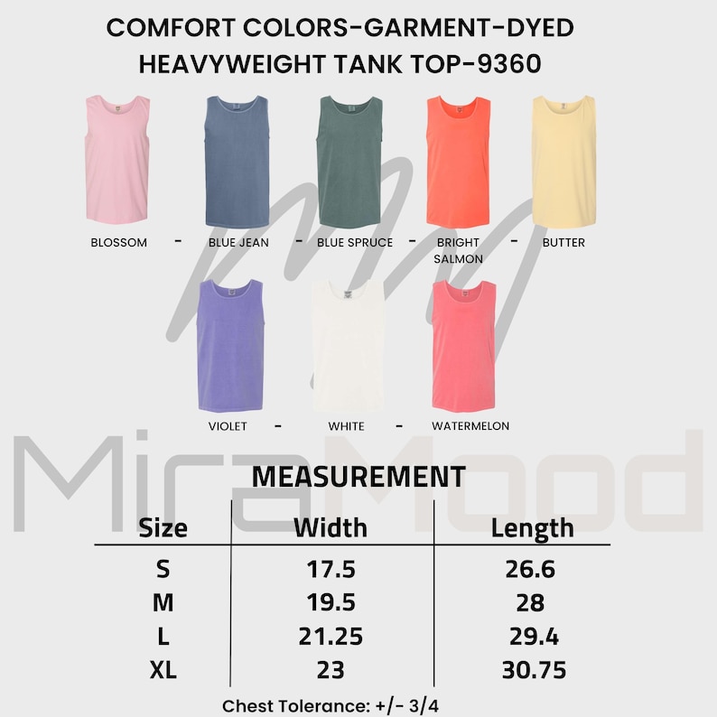 Puede incluir: Una exhibici&oacute;n de camisetas sin mangas pesadas en varios colores, como rosa, azul y verde. La imagen incluye el texto "COMFORT COLORS-GARMENT-DYED HEAVYWEIGHT TANK TOP-9360" y una tabla de tallas con medidas en cm.