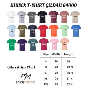 May include: A product image showcasing a variety of Gildan 64000 unisex t-shirts in various colors, including white, black, and heather. The image also displays a size chart with measurements in inches, and the brand name MiraMood.