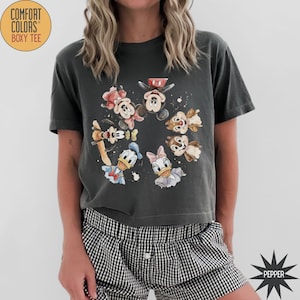 May include: Dark gray Comfort Colors Boxy Tee featuring a watercolor design of Disney characters including Mickey Mouse, Minnie Mouse, Donald Duck, Daisy Duck, Chip, and Dale. The shirt has short sleeves and a crew neck.