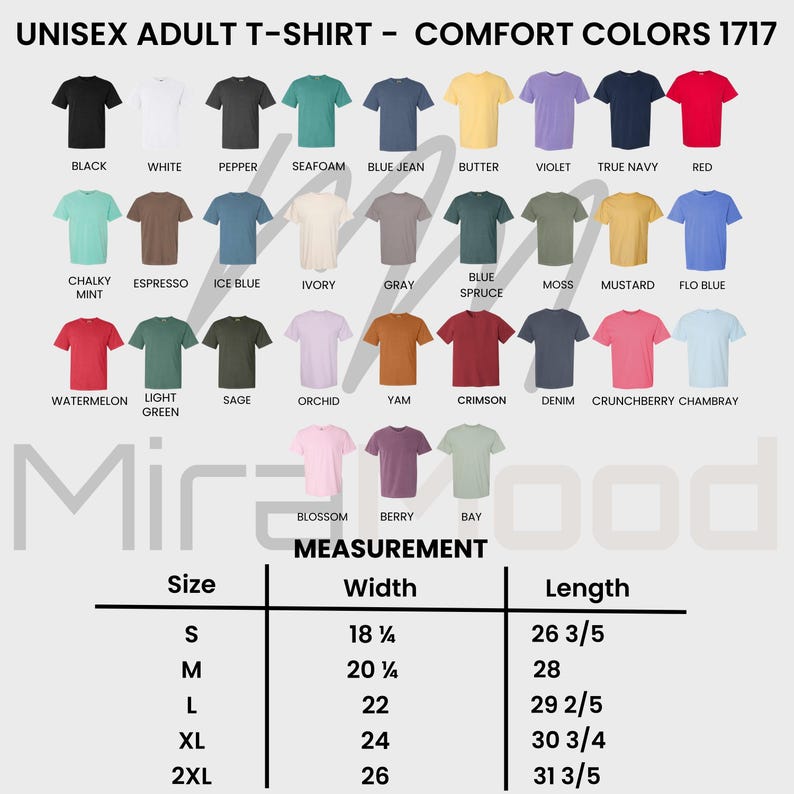Puede incluir: Una variedad de camisetas unisex para adultos en varios colores, incluyendo negro, blanco y rojo. La imagen muestra una tabla de tallas con medidas en cm. El texto en la imagen dice "COMFORT COLORS 1717".