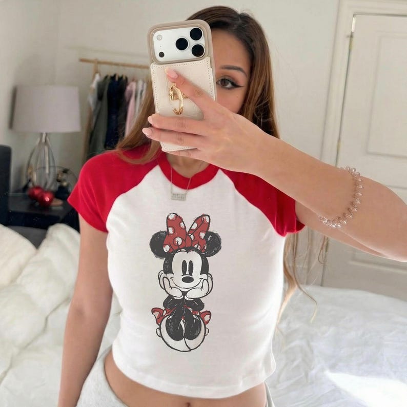 Disney Minnie Raglan Sleeve Baby Tee,Retro Minnie Mouse Disney 90s Crop Top,Disneyland Trip Shirt, Vintage Disney Minnie Baby Tee image 1