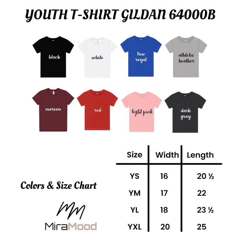May include: A product image showcasing a variety of youth t-shirts in different colors, including black, white, blue, and gray. The shirts are labeled with their respective colors and sizes, along with a size chart. The brand name "MiraMood" is also visible.
