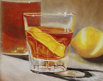 Cocktail Painting, Whiskey, Lemon Twist, FREE Shipping, Original Artwork, Print, Drink Art, Canvas, Wall Art, Bar Art, Brown, Alcohol, Booze