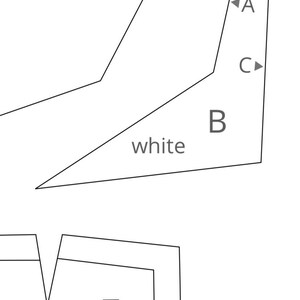 May include: A white pattern piece with the word "white" and the text "knee pad". The image also includes the letters A, B, and C, along with arrows indicating direction.