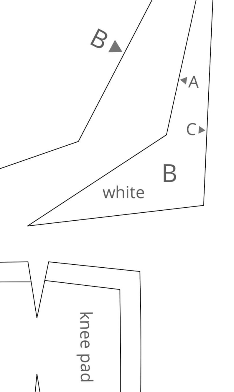May include: A white pattern piece with the word "white" and the text "knee pad". The image also includes the letters A, B, and C, along with arrows indicating direction.