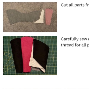 May include: Image showing steps for sewing a boot top. The image includes fabric pieces in gray, white, and pink, and a partially assembled boot top with black, pink, and white fabric. Text reads "Sewing the boot top."