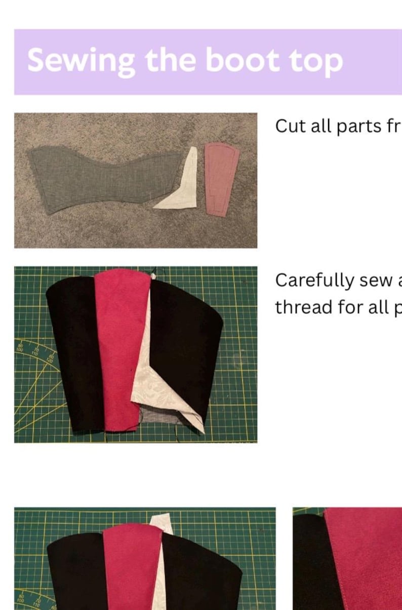 May include: Image showing steps for sewing a boot top. The image includes fabric pieces in gray, white, and pink, and a partially assembled boot top with black, pink, and white fabric. Text reads "Sewing the boot top."