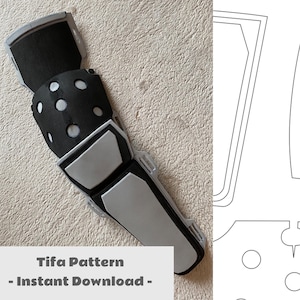 Könnte beinhalten: Ein schwarzer und grauer Schaumstoff-Armschutz mit segmentiertem Design und weißen kreisförmigen Akzenten. Der Text "Tifa Pattern - Instant Download -" ist unten im Bild zu sehen. Der Armschutz ist wahrscheinlich für Cosplay oder Kostüme gedacht.