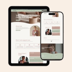 May include: A tablet and smartphone showing a website with a muted colour scheme. The site includes the text "Clarity" and "Your right hand in business clarity and calm." Sections include "About me" and "How I can support you." The design is clean and modern.