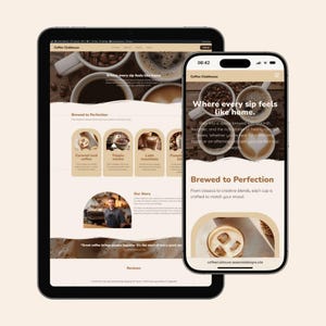 May include: A digital mockup of a coffee website displayed on a tablet and a smartphone. The website features coffee drinks, including caramel iced coffee, triple mocha, and latte macchiato. The text "Where every sip feels like home" is displayed.