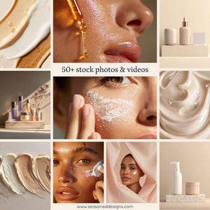 Op de afbeelding: Een collage van afbeeldingen van schoonheids- en huidverzorgingsproducten. Bevat close-ups van huid met producttoepassing, cosmeticaflessen en crèmeswatches. De tekst "50+ stock photos & videos" en de website "www.seasoneddesigns.com" zijn zichtbaar.