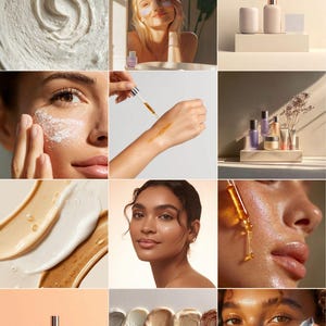 Puede incluir: Un collage de im&aacute;genes de productos de belleza y cuidado de la piel. Las im&aacute;genes incluyen primeros planos de productos para el cuidado de la piel, modelos aplicando productos y exhibiciones de productos. El texto "50+ stock photos & videos" est&aacute; en la parte superior y la direcci&oacute;n del sitio web en la parte inferior.