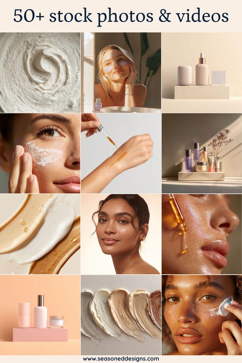 Puede incluir: Un collage de im&aacute;genes de productos de belleza y cuidado de la piel. Las im&aacute;genes incluyen primeros planos de productos para el cuidado de la piel, modelos aplicando productos y exhibiciones de productos. El texto "50+ stock photos & videos" est&aacute; en la parte superior y la direcci&oacute;n del sitio web en la parte inferior.