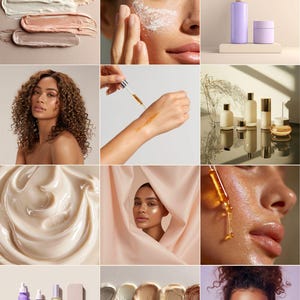 Puede incluir: Un collage de im&aacute;genes de belleza y cuidado de la piel. Incluye primeros planos de productos para el cuidado de la piel, aplicaciones y modelos. Presenta varios productos cosm&eacute;ticos, incluyendo sueros, cremas y frascos. El texto "50+ stock photos & videos" est&aacute; en la parte superior.