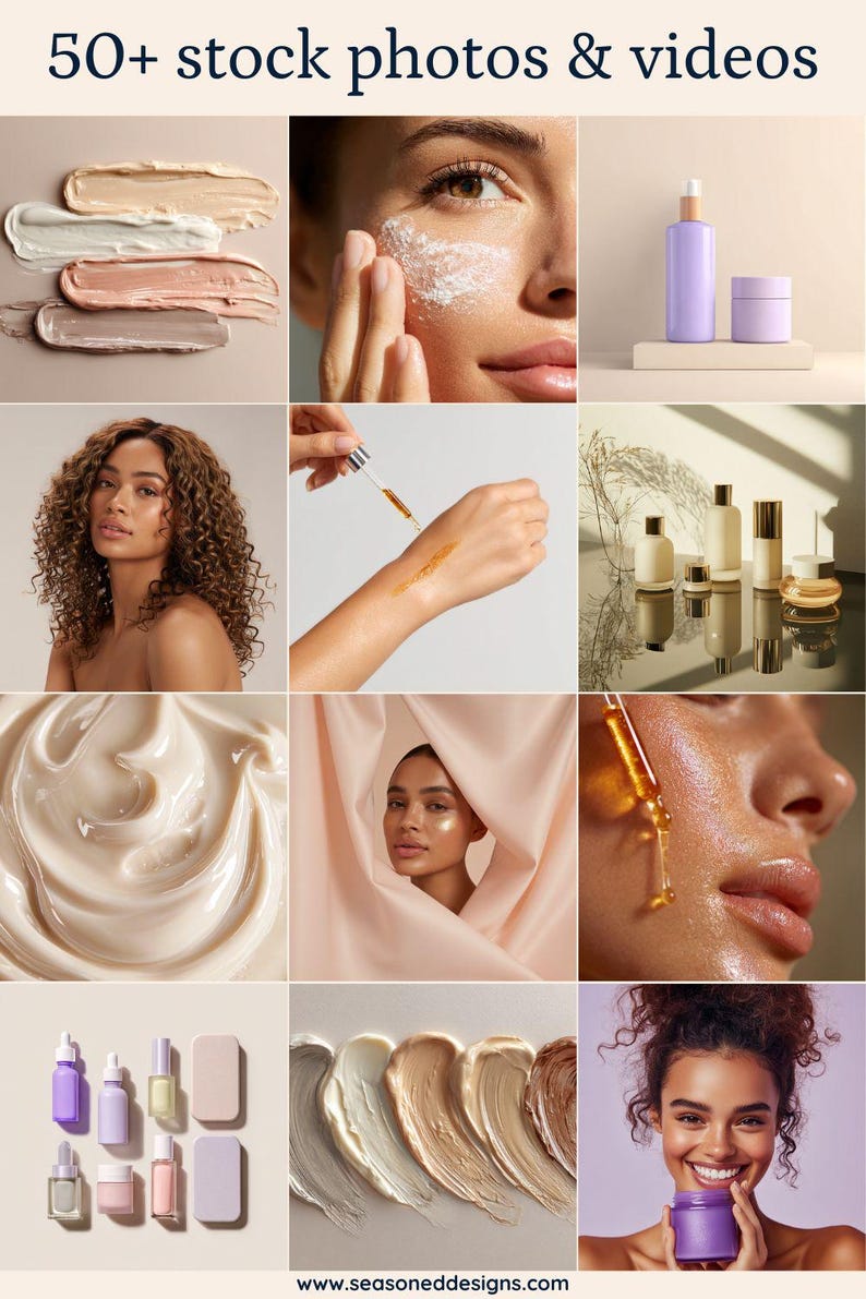 Puede incluir: Un collage de im&aacute;genes de belleza y cuidado de la piel. Incluye primeros planos de productos para el cuidado de la piel, aplicaciones y modelos. Presenta varios productos cosm&eacute;ticos, incluyendo sueros, cremas y frascos. El texto "50+ stock photos & videos" est&aacute; en la parte superior.