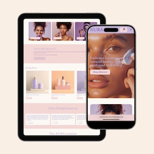 May include: A tablet and smartphone display a website for NURA skincare. The website features product images, text, and a soft color palette. The phone displays a close-up of a person's face with the text "Embrace a journey of natural beauty and profound well being."