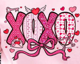 XOXO Valentine PNG Sublimation | Pink Glitter Heart Letters Digital Download | Hugs and Kisses Shirt Design | Romantic Bow Cupid Clipart